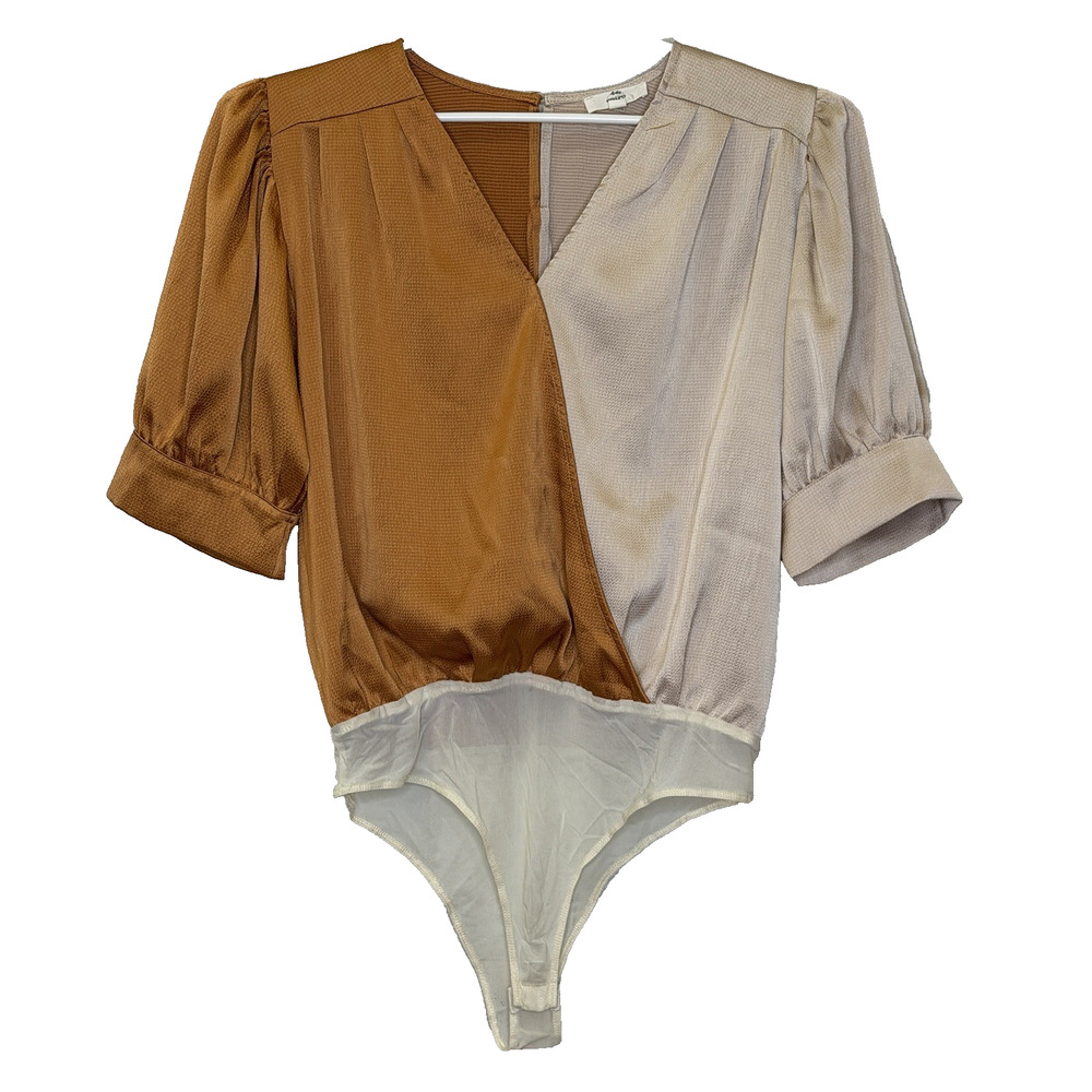 entro Blouse Top Womens Size Large Short Sleeve V-Neck Cream and Copper Bodysuit